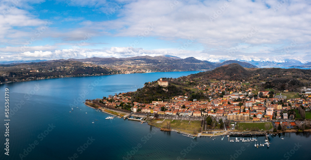 panorama landscape of Lake Maggiore and Angera with Borromeo Castle on the hilltop
