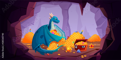 Game treasure cave. Dragon with chest and golden heaps. Fantasy funny knight fairy tale. Angry beast. Mythical characters. Guard precious gems and gold. Vector recent cartoon illustration