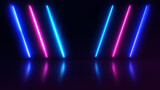 Abstract neon background with colorful beams of light and with bright laser animation and reflective floor.