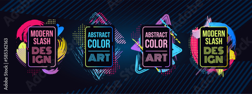 Paint splash flyers, color frames. Ornament texture for music art, abstract motivation posters, layout with lights and paint splashes, copy space for text. Vector current graphic design set