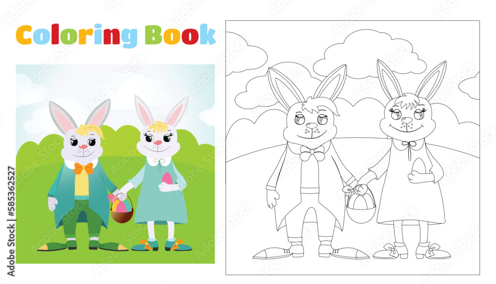 Children's coloring Easter bunnies dressed in a suit and a dress stands on green grass. Coloring page for children ages 4-11 in kindergarten and elementary school. Illustration black and white.