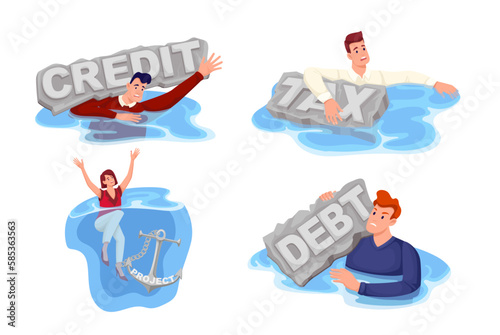 Business people drown set vector illustration. Cartoon businessman sinking under weight of loan, tax and debt, businesswoman drowning, falling down connected by chain to anchor of bad business project