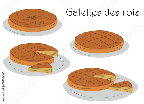 Colored galette des rois, epiphany king cake french vector icon. Drawing, illustration three kings cake with black lines.