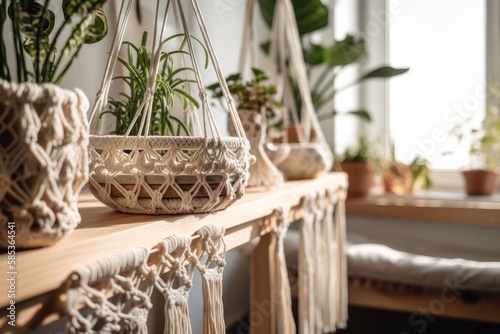 Closeup of handmade macrame shelf planter hanging for indoor plants, rattan leaves on white wall, and stylish accessories. coziness. Minimalist bohemian living room. Generative AI