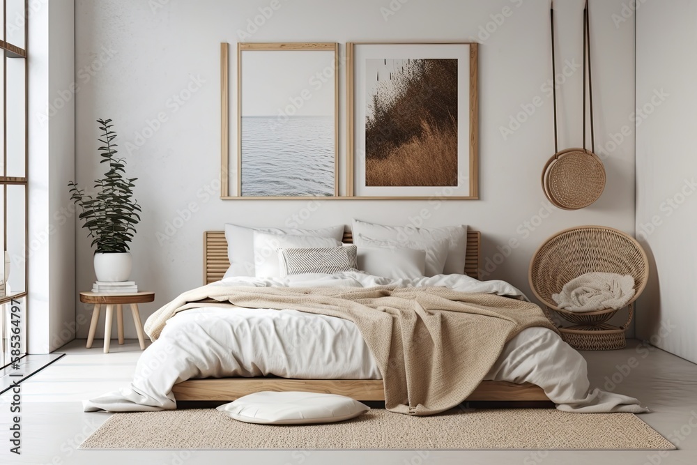 Scandinavian bedroom design, white backdrop, empty wall mockup,. Generative AI