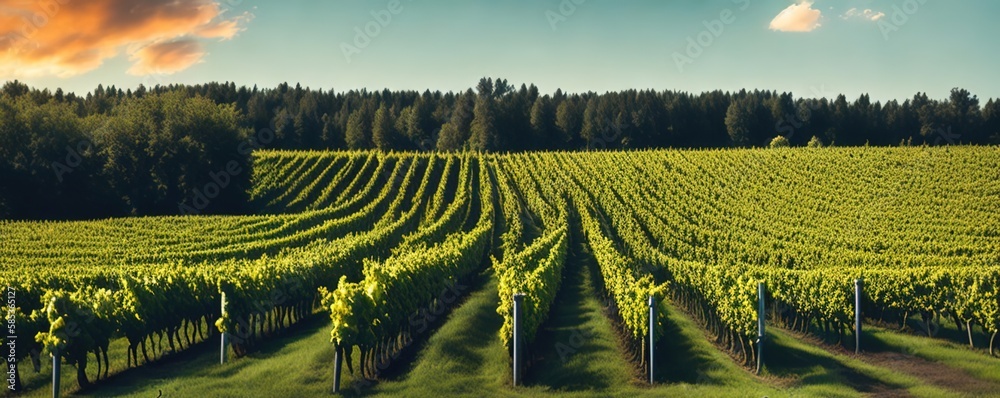 Vineyards at sunset. Landscape with red wine grapes on old vine. Ideal for advertising and banner. Ai generative.
