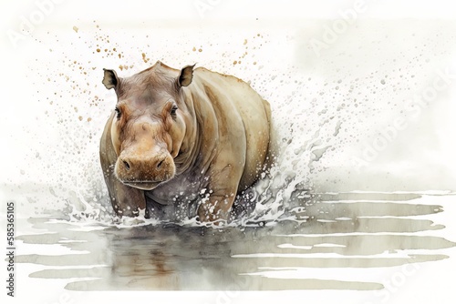 Hippopotamus - runnning - portrait in watercolor style - Generative AI