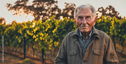 Grape harvester senior man among vineyards at sunset. Landscape with red wine grapes on old vine. Ideal for advertising. Oh generative.