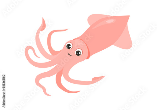 Cartoon cute squid. Vector funny sea animal. Flat icon.