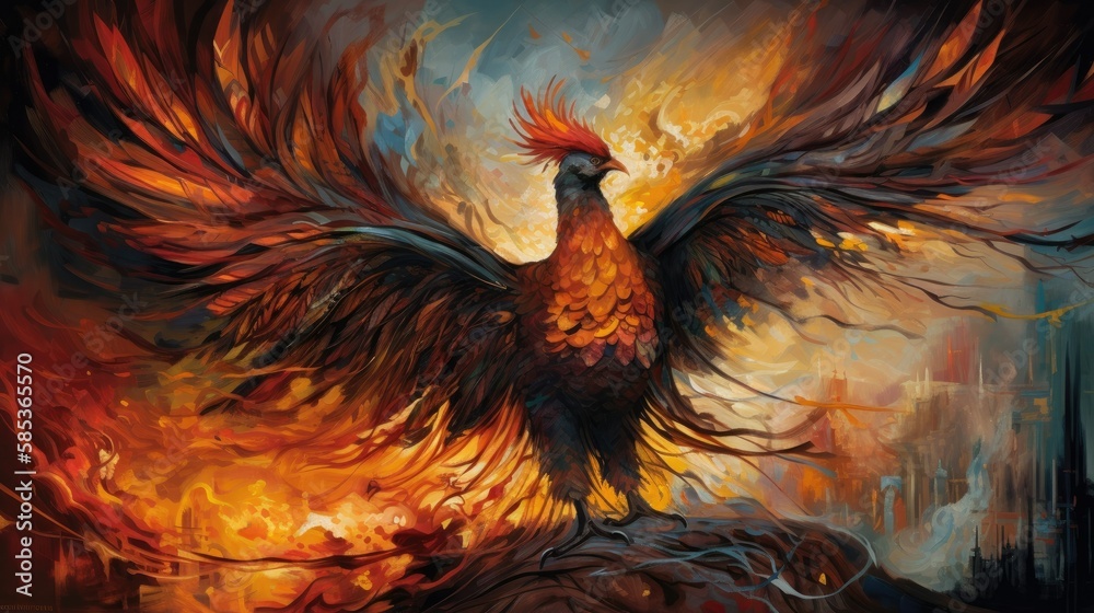 A majestic phoenix rising from the ashes of a fire. The bird is ...