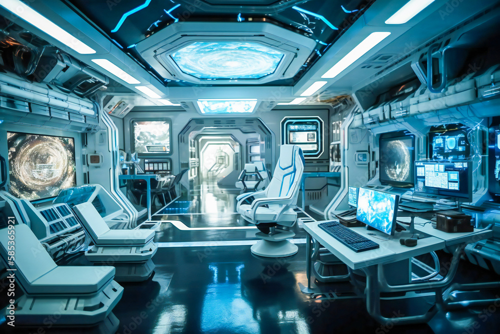 Interior of a futuristic control room of a space ship. Created with Generative AI technology. Interior of a futuristic control room of a space ship. Created with Generative AI technology.