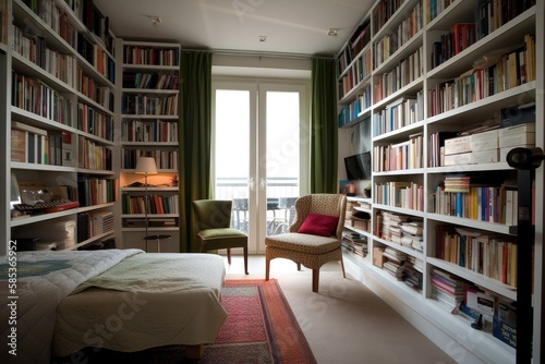 a small modern wonderful library in the guest room, contemporary style - Generative AI