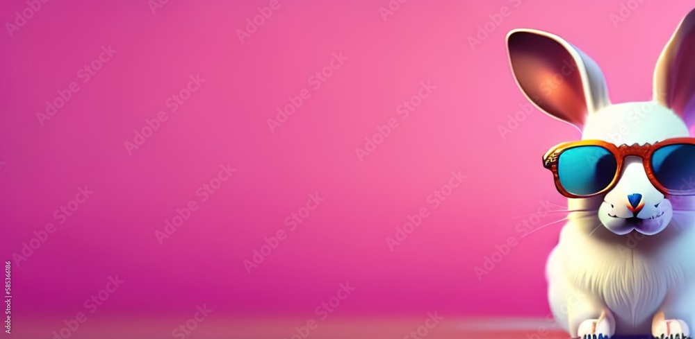 Fototapeta premium Cool bunny with sunglasses on pink background. Isolated. Copy space text. Banner. generative AI