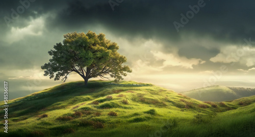 Lone tree on a green hill, stormy sky in background, beautiful light before storm. Created with Generative AI technology.