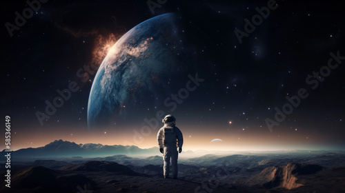 Spaceman looking at the earth on the moon generative ai