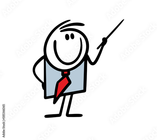 Cartoon businessman with a pointer in his hands shows something on the board and tells the strategy of a new business project.