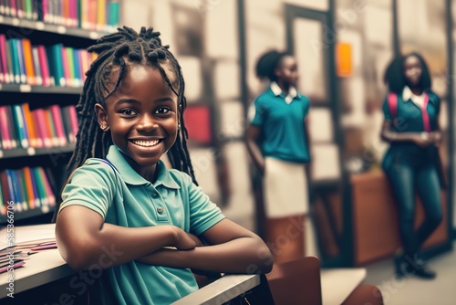 A smiling, happy and handsome young African American school girl. Black student in polo shirt in school library. generative AI.