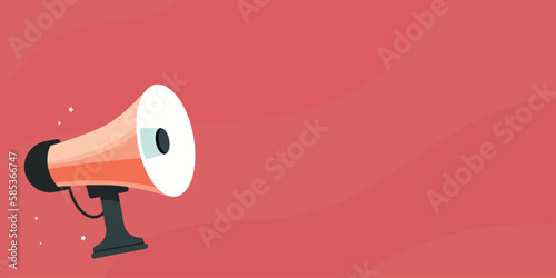 Poster with megaphone. Flat design bullhorn on a red background. Vector illustration