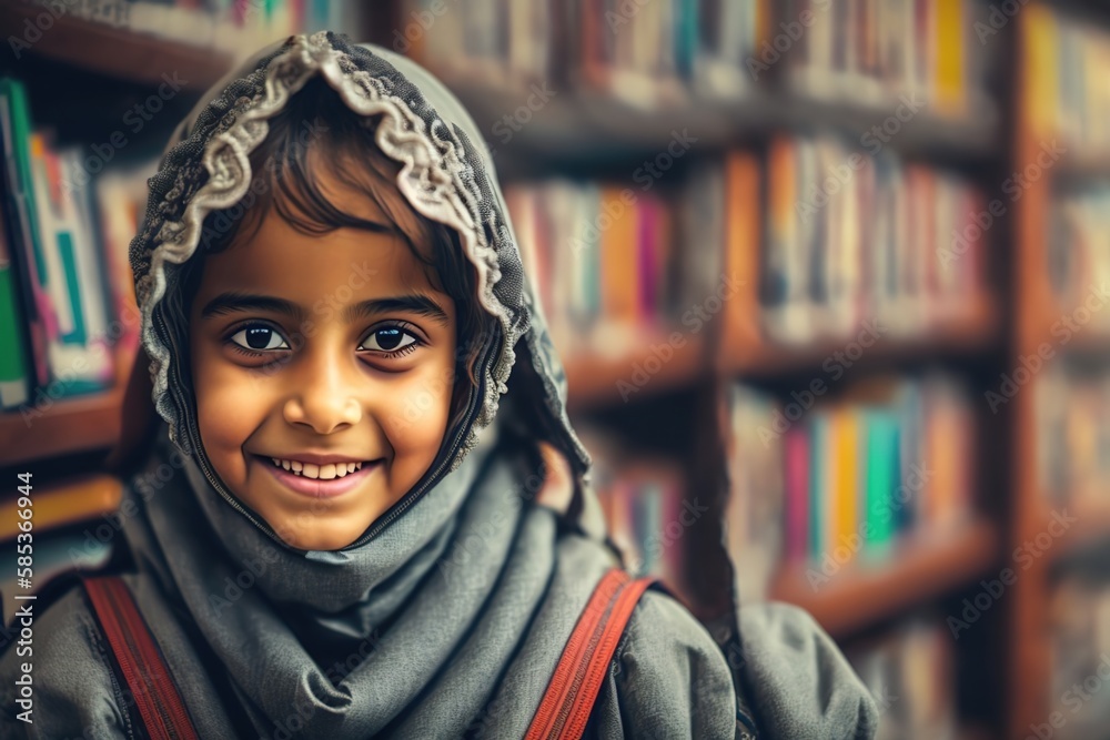 A smiling, happy and beautiful young Arab student little girl. Student with polo shirt and backpack in school library wearing hijab hijab. generative AI. A smiling, happy and beautiful young Arab student little girl. Student with polo shirt and backpack in school library wearing hijab hijab. generative AI.