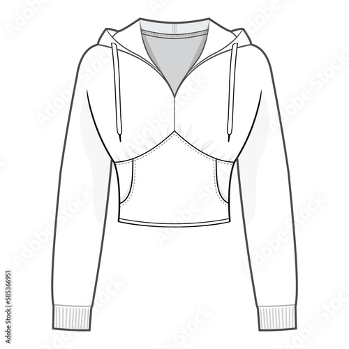 Contrasting Trim Cropped Hoodie with Kangaroo Pocket fashion flat technical drawing template. Flat apparel Dress template front and back, white color. CAD mock-up.
