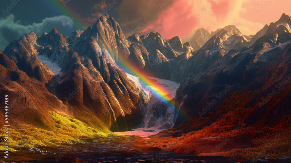 sunrise over the mountains and rainbow generative ai
