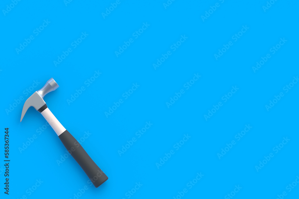 Obraz premium Hammer in the corner on blue background. Construction concept. Home renovation. Tools for repair. Top view. Copy space. 3d render