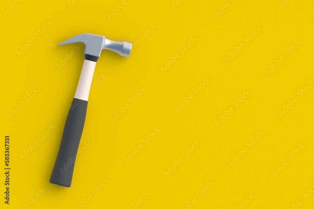 Metal hammer on yellow background. Construction concept. Home renovation. Tools for repair. Top view. Copy space. 3d render Metal hammer on yellow background. Construction concept. Home renovation. Tools for repair. Top view. Copy space. 3d render