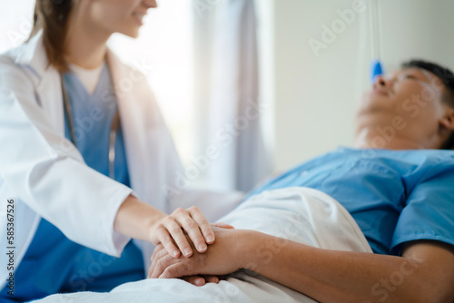 Healthcare concept of professional psychologist consulting doctor and comforting patient in psychotherapy session or health diagnosis consultation.
