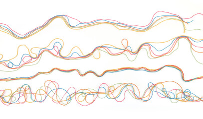 Tangled colorful cotton threads isolated on white background. Abstract thread lines pattern.