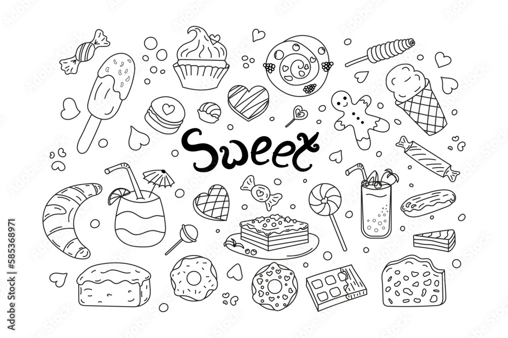 Set sweets doodle. Black and white line Vector illustration. Food Sweets, dessert, chocolate, cakes.