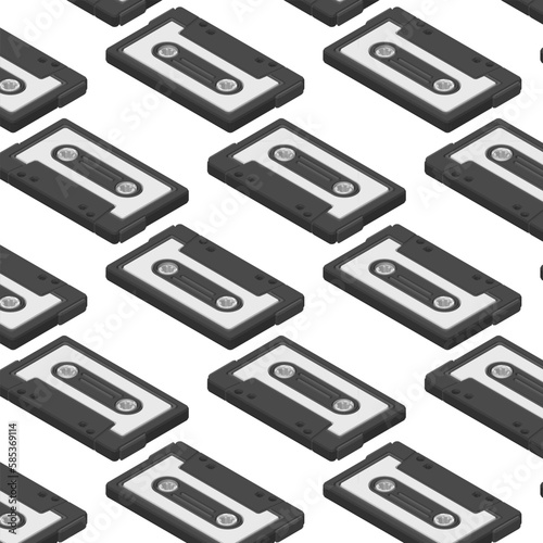 Music cassette tape isometric pattern on background. flatlay vintage analog song tape record. mix tape retro. Audio cassette tape isolated. Old music retro player. 80s, 90s mix vector illustration