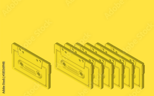 Yellow music cassette tape isometric. side view vintage analog song tape record. mix tape retro. Audio cassette tape isolated. Old music retro player. 80s, 90s blank mix. Vector illustration
