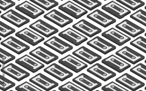 Music cassette tape isometric pattern on background. flatlay vintage analog song tape record. mix tape retro. Audio cassette tape isolated. Old music retro player. 80s, 90s mix vector illustration