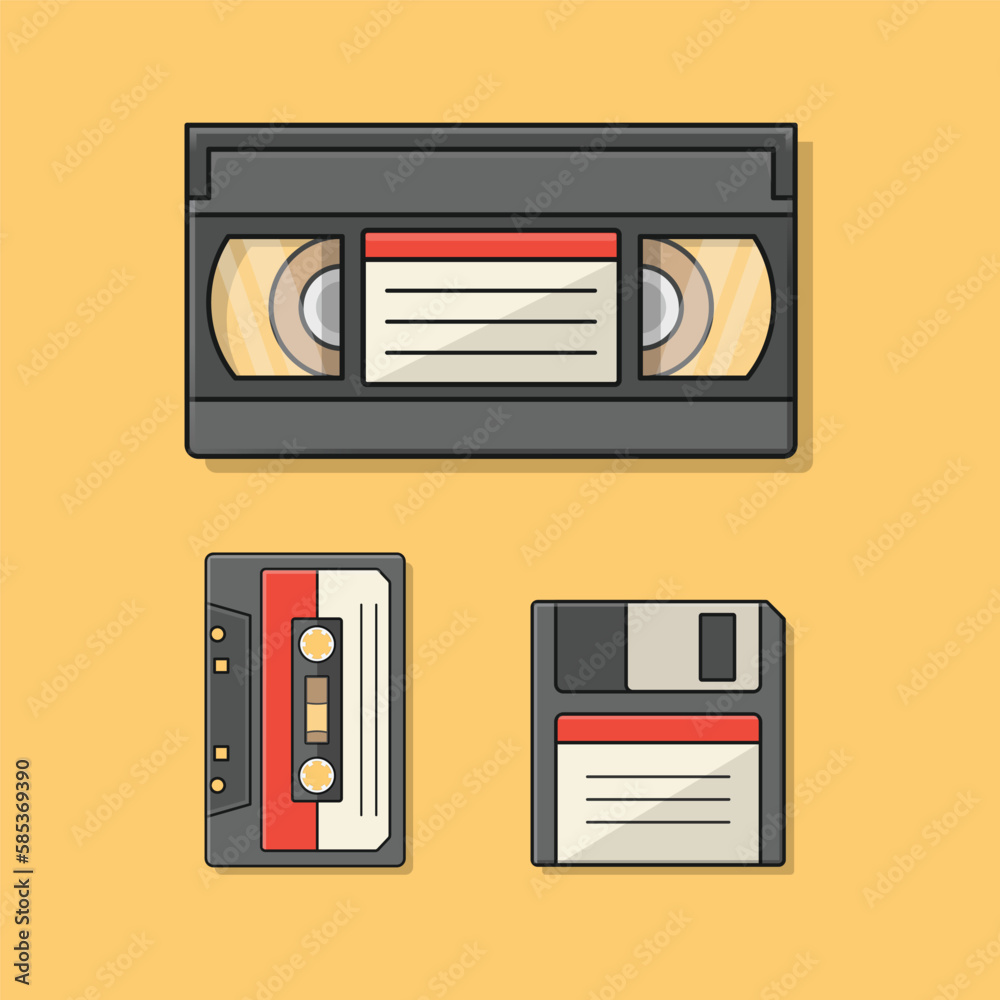 illustration of vhs video cassette audio cassette and floppy disk 90s