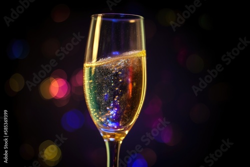 Celebratory champagne toast with holiday bokeh blinking Background.Generative AI