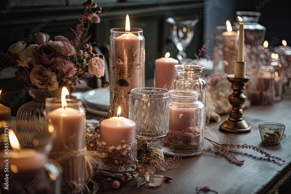 Holiday romantic restaurant table arrangement. Newlywed banquet decor. Boho candles with dried flowers. Guest and bride groom care. Generative AI Holiday romantic restaurant table arrangement. Newlywed banquet decor. Boho candles with dried flowers. Guest and bride groom care. Generative AI