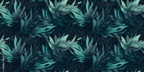 Dark cyan repeating pattern background, tropical leaves, abstract art design – created with generative AI