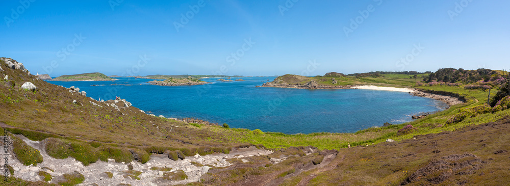 Panoramic view over Gimble Porth from Tregarthen Hill on the island of Tresco, Isles of Scilly, UK