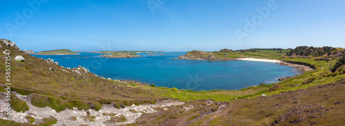 Panoramic view over Gimble Porth from Tregarthen Hill on the island of Tresco, Isles of Scilly, UK