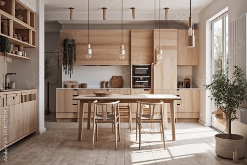 Large Scandinavian style wooden kitchen. Generative AI