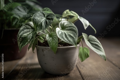 Little exotic  Philodendron Brandtianum  houseplant in flower pot on table with silver leaves. Generative AI