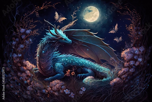 Moonlit Meadows and Mystic Dragons: A Boho Fantasy Illustration Generative AI © pngking