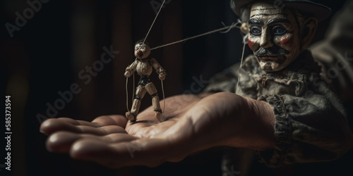 Concept of control. Marionette in human hand. Genetarive AI
