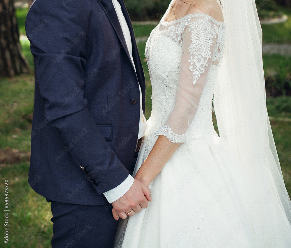 Stylish bride and groom hold each other's hands at a wedding ceremony in the park. Image for your creative design or illustrations. Stylish bride and groom hold each other's hands at a wedding ceremony in the park. Image for your creative design or illustrations.