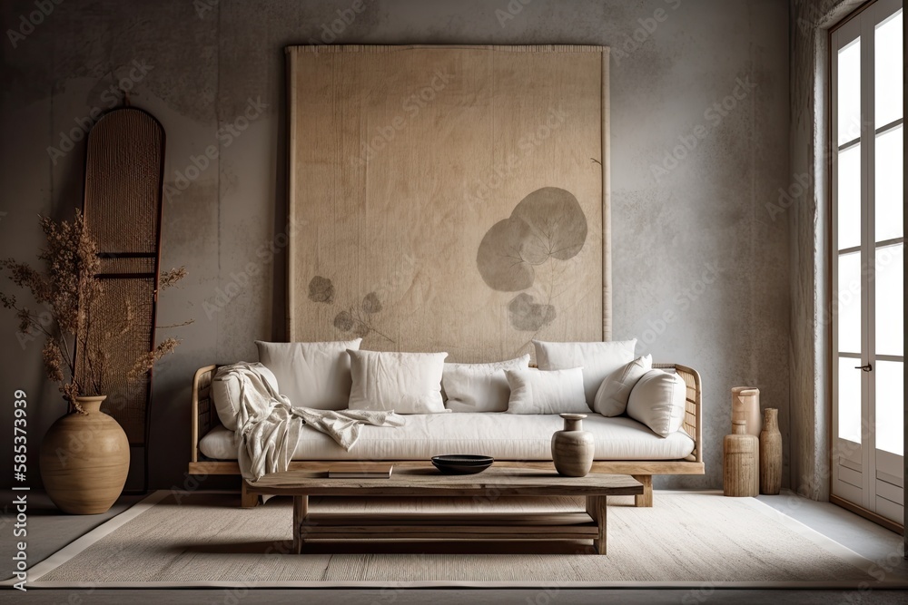 Wabi sabi living room with plaster wall. Macrame wall art and ...