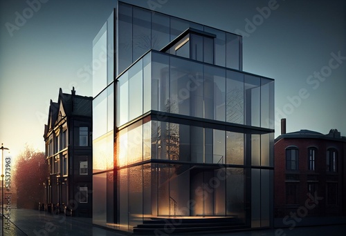 A striking, all-glass building, with a minimalist interior and stunning views of the surrounding city, housing a high-end boutique hotel. Generative AI