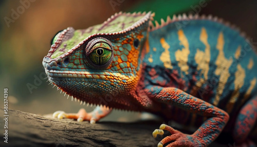 Close up of a chameleon with bright.Generative AI.