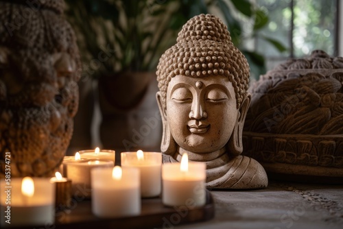 The room's stone Buddha head and candles. Bohemian Indian House Decor. Generative AI
