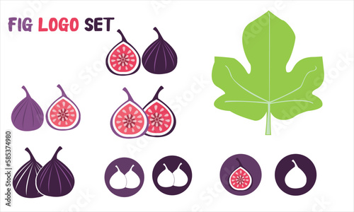 Fig logo Set Isolated Light Purple And Full Purple Sliced And Whole Fig, Fig Leaf And Icon, Isolated fig on white background photo