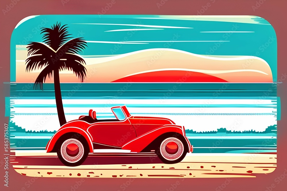 Red retro roadster car with surfboards on the beach with palm silhouettes in the background. Poster themed vector illustration - generative ai
